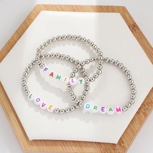 Beaded, Strands Elastic Silver Color Beaded Acrylic Letter Custom Name Bracelets For Women Men Family DIY Jewelry Father's Day Gifts Wholesa