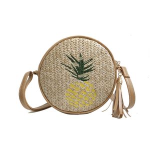 HBP Non-Brand leaf pineapple embroidered women's straw single shoulder slanting tassel small round bag spring summer 1 sport.00