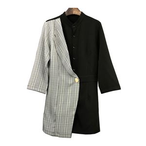 Women Rompers Black Plaid Stand Collar Blazer Patchwork Playsuits Pocket Long Sleeve Asymmetrical High Street J0046 210514