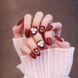 Deco Ongles Rouge achat en gros de Faux Nails Rouge Femmes Full Couverture Plein Fake Clou avec design D Flower Decor Doigne Acrylic Tips Décorations d art