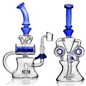 Blue Beaker Glass Bongs Hookahs Dab Rigs Percolater Two Drums Water Pipe Recycler 14mm Joint