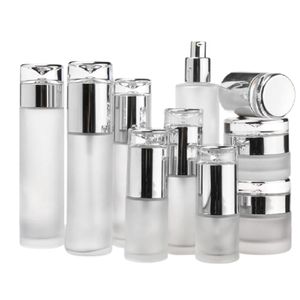 Cosmetic Refillable Bottle Acrylic Silver Lid Spary Lotion Pump Toner Vials 120ml 100ml 60ml 40ml 30ml 20ml Packaging Container Empty Frost Glass Cream Jars 30G 50G