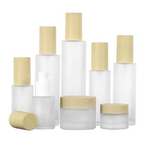 30ml 40ml 50ml 60ml 80ml 100ml 120ml Frosted Glass Cream Jar with Plastic Imitated Wood Lid Makeup Lotion Pot Spray Pump Bottle