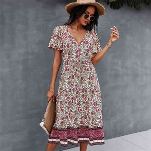 A-Line Button Midi Printed dress for womens summer V-neck short-sleeved bohemian beach sexy boho vestidos 210508