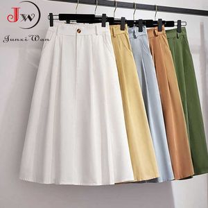 Mulheres Cotton Skirt Primavera Estilo Preppy Estilo Sólido Casual Elegante Elástico Elástico Cintura Alta A-Linha Saias Midi Faldas 210708