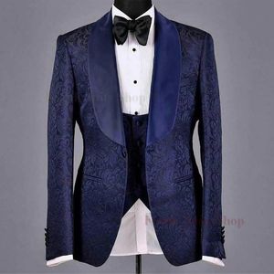 Navy Jacquard Jacket män passar Slim Fit Wedding Tuxedo Custom Made Groom Party Suits Costume Homme Man Blazer Men's Blazers