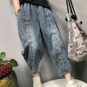 Primavera Estate Arts Style Donna Vintage Ricamo Jeans larghi Vita elastica Pantaloni Harem in denim di cotone casual di alta qualità V348 211129