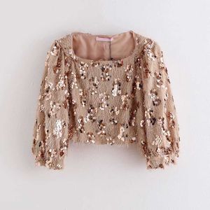 Kvinnor High Street Sequins Broderi Casual Short Blouses Ladies Patchwork Chic Lantern Sleeve Shirt Tassel Blusas Tops LS4241 210603