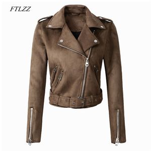 FTLZZ Women Faux Suede Jacket Coats Motorcykel Zipper Turndown Collar Faux Soft Leather Overcoat Kvinna Black Punk Short Jacket 211007