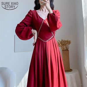 春の韓国のヴィンテージの気質赤のロングドレス女性Puffのスリーブプリーツ中長のハイウエスト12911 210508