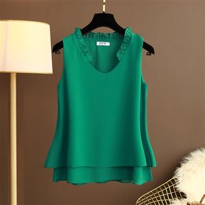 Summer Fashion Women Sleeveless Ruffles V-neck Double-deck Chiffon Shirts Casual Loose Blouses Femme Tops Plus Size S757 210512