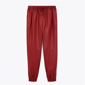 Women Fashion Faux Leather Jogging Pants Vintage High Elastic Waist Drawstring Female Ankle Trousers Mujer 210520