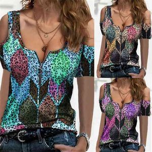 Wiosna I Lato Damskie Leopard Print Off Full Zipper T-shirt Casual Slim Topy Retro Geometryczne Wzór Krótki Rękaw Trójniki 210720