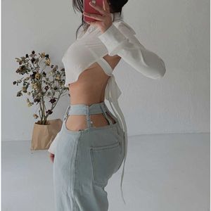 Womengaga ihålig midja hög sexig rak ljus blå skinny lösa jeans vårbyxor flare byxor korea p8u3 210603