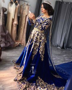 Eleganta Royal Blue Aftonklänningar med Cape Långärmad Applique Marockansk Kaftan Prom Klänning för Kvinnor Caftan Party Gowns