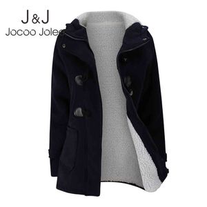 Jocoo Jolee Donna Panno Morbido di Inverno Con Cappuccio Plus Size Neve di Spessore Cotone Moda Cappotto Lungo Femminile Solido Streetwear Cappotto Caldo 210518