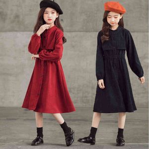 Corduroy Teen Girls Klänning Höst Vinter Barnkläder Röd Svart Prinsessan Klänningar Casual Kids Little Girl Clothing Shirt Dress G1218