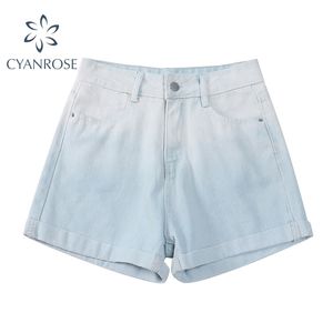 Kvinnors Blue Gradient Färg Shorts Denim Byxor Brett Ben Jeans Sommar Hög Midja Fashion Retro Y2K Buttoms 210515