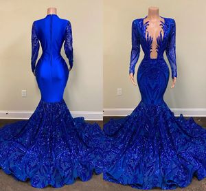 Royal Blue Prom Dresses Deep V Neck Long Sleeve Shiny Sequins Appliques Mermaid African Black Girls Evening Gala Gowns