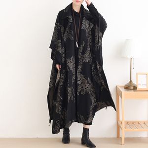 Johnature Women Print Floral Trench Vintage Plus Storlek Vinterrockar Knapp Tjock Varm Kvinna Kläder Bat Sleeve Trench 210521