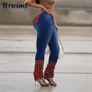 Mode Jeans Plaid Printing Patchwork Personliga Stackade Byxor Casual Slim Pocket Button Pantalones Vaqueros Mujer 210513