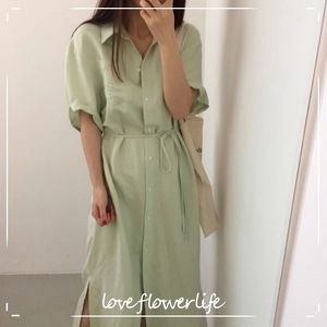 LoveFlowerLife Single Breasted Oversize Korean Style Vintage Split Lace Up Lady Long Dress Women Summer Shirt Dress 210521