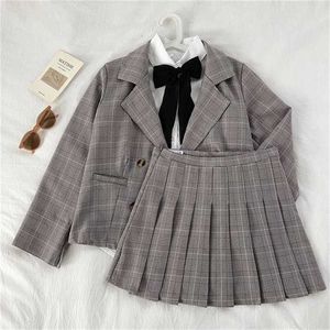 여성 정장 한국 주름진 격자 무늬 스커트 코트 솔리드 레이스 셔츠 학생 여성 재킷 블레이저 211019