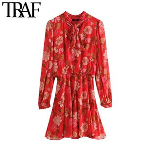 TRAF Women Fashion With Bow Floral Print Pleated Mini Dress Vintage Long Sleeve Side Zipper Female Dresses Mujer 210415