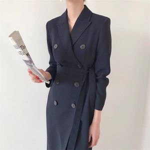 Spring Autumn Fashion Chic Korean Office Lady Brief Bandage Long Dress Women Elegant OL Work Wear Vintage Blazer Dresses Robe 210514