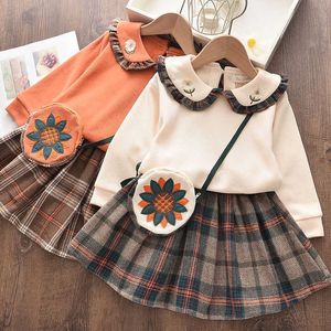 Casual Print Mantel 2PCS Kind Mädchen Kleider Elegante Mädchen Herbst Winter Kleider Baby Jacken Mode Kleid Anzüge für Mädchen kleidung Q0716