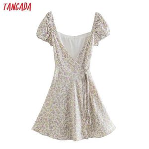 Tangada Summer Women Flowers Print Beach Dress Puff manica corta con scollo a V Ladies Mini Dress Vestidos 4N43 210609