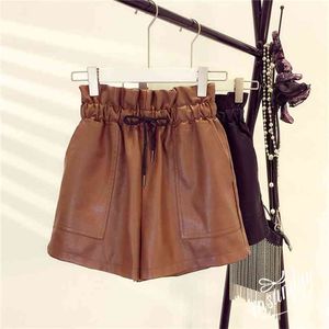 Spring Korean Style Female Sexy Leather Shorts High Waist Loose Wide Leg Short Femme Elastic Belt Free 210719