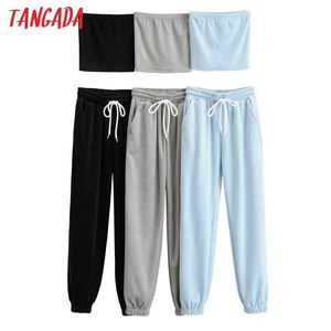 Tangada Женщины Cousssit Наборы Camis Топы Хлопок Костюм 2 Шт. Устанавливает бюстгальтер Топ брюки Костюмы 4P61 210609