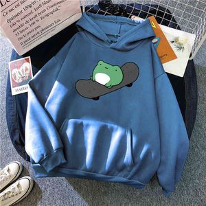 Karikatür Yeşil Kurbağa Baskı Tişörtü Adam Gevşek Rahat Harajuku Kapşonlu Kazak Erkek Vintage Harajuku Polar Hip Hop Hoodies H1227