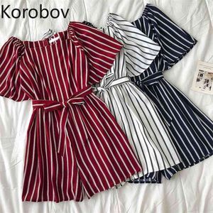 Korobov kvinnor playsuits sommar kontor lady randig kvinnlig jumpsuits strand stil o neck kortärmad kvinna kläder 210430