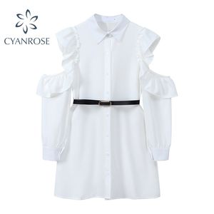 Sommar Kvinnors Off Shoulder White Shirt Dress Ruffle Patchwork Straight Vestidos Single Breasted Lapel Ol Koreanska Frocks 210515