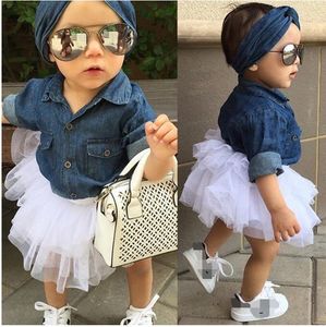 Çocuklar Bebek Kız Giyim Setleri Yaz Denim Uzun Kollu Üstleri Gömlek + Tutu Elbise + Kafa 3 adet Kıyafetler Set