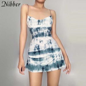 Nibber Summer Suspender Dress Sleeveless Low-cut Waist Design Tie-dye Print Fold Decoration For Women Go Out On Holiday 2021 Y0726
