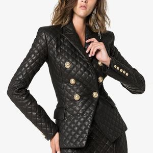 Kadın Takım Elbise Blazer Yüksek Kaliteli Deri Kadın Kruvaze Aslan Düğmeleri Ince Ceket Zarif Bayanlar Blazer Femme