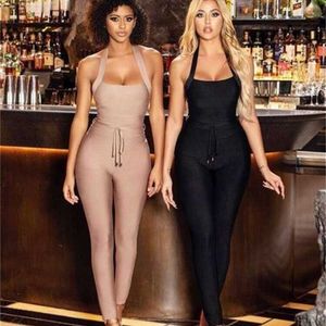 Högkvalitativ Svart Kvinnor Turtleneck Neck Rayon Bandage Jumpsuit Sexy Bodycon Celebrity Party Jumpsuits Vestidos 211119