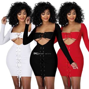 Women Casual Dress Autumn New Thread Corns Lace Up Slim Sexy Skirt Long Sleeve Hollow Out Dresses