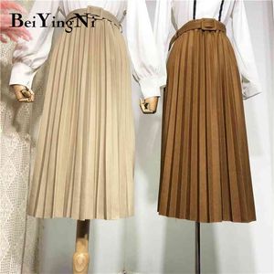 Pläterad Midi Skirt Belt Plain Harajuku Long High Waist Kjolar Kvinnor 26color Casual Korean Fashion Faldas Mujer 210506