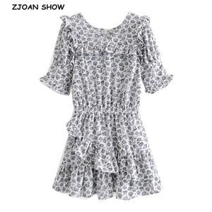 Summer Spliced Ruffles Women Short Sleeve Dress Retro Slim Elastic Waist Wood ears Mini Dresses Holiday 210429