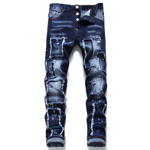 Высокое качество Разорвал мотоцикл мужские джинсы одежда на молнии брюки европейские и американские мужские тонкие джинсовые прямые моющиеся моющиеся хип-хоп мода рок возрождение джинсов