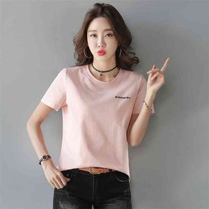 Wwenn plus storlek sommar rosa t-shirt kvinnor toppar broderi brev vit t kläder koreanska kortärmad tee 3xl 210507