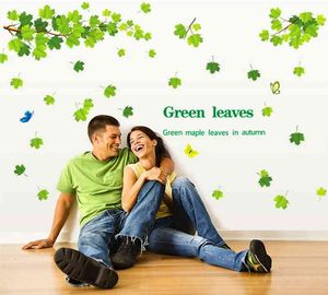 Gröna blad Höst 3D-väggklistermärkear Heminredning Trädklistermärke Avtagbar bakgrund Grön 60 * 90cm 210420
