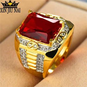Gorgeous Male Big Red Stone s925 Ring Fashion 18KT Yellow Gold Filled Vintage Wedding Engagement Rings For Men gifts for men 210701
