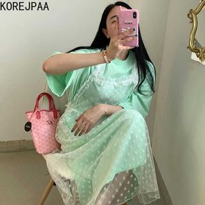 Korejpaa Women Dress Summer Korean Solid Color Short-Sleeved Vestidos Transparent Mesh Polka Dot Wood Ears Suspender Skirt 210526