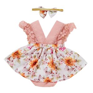 Kläder Sätter Sommar Baby Girl Kläder Casual Syls Kid Romper Fashion Butterfly Print Hem Flounce Jumpsuits Headband Barnens