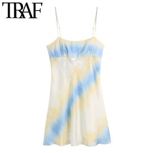 Frauen Chic Mode Tie-Dye Print Mini Kleid Vintage Backless Elastische Dünne Verstellbare Träger Weibliche Kleider Mujer 210507